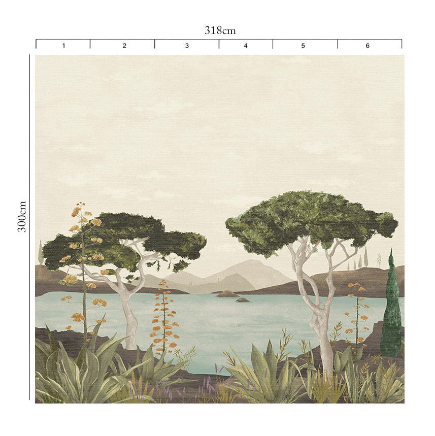 A scenic landscape artwork showing a calm lake or sea with two prominent green trees, distant mountains, and foreground plants in muted beige, green, blue, and orange tones. Scenic Faux Grasscloth Mural - 8294 26 by District Home