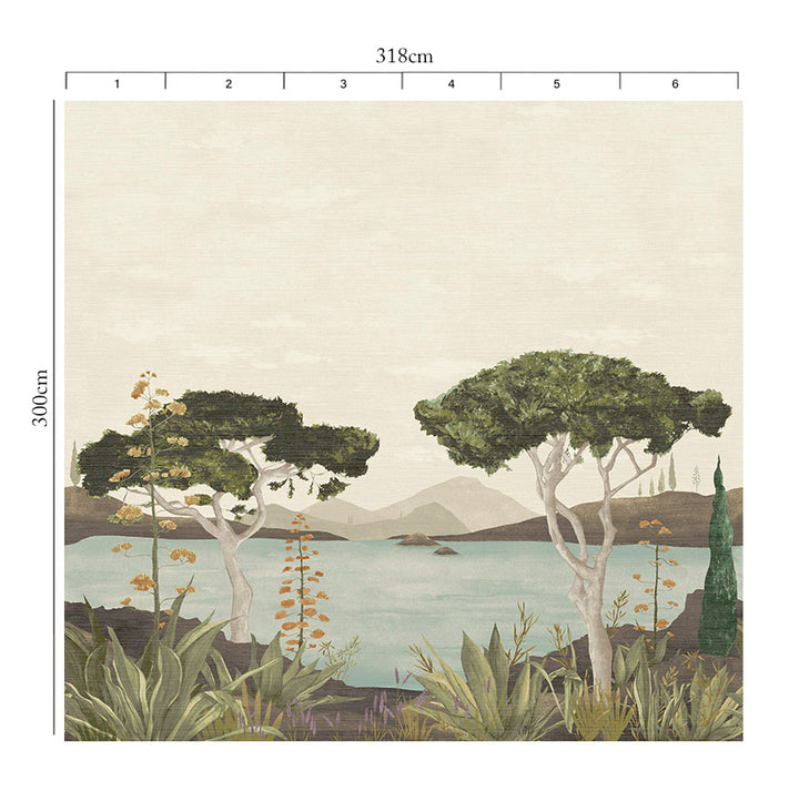 A scenic landscape artwork showing a calm lake or sea with two prominent green trees, distant mountains, and foreground plants in muted beige, green, blue, and orange tones. Scenic Faux Grasscloth Mural - 8294 26 by District Home