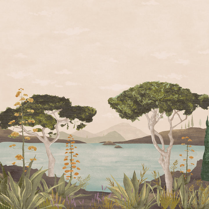 A scenic landscape artwork showing a calm lake or sea with two prominent green trees, distant mountains, and foreground plants in muted beige, green, blue, and orange tones. Scenic Faux Grasscloth Mural - 8294 26 by District Home