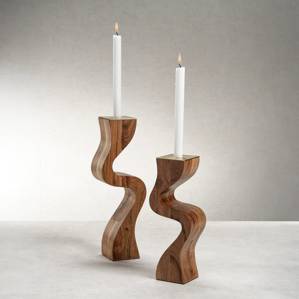 Two wooden candle holders with candles on a neutral background Wood Taper Holder Alloy S District Home 