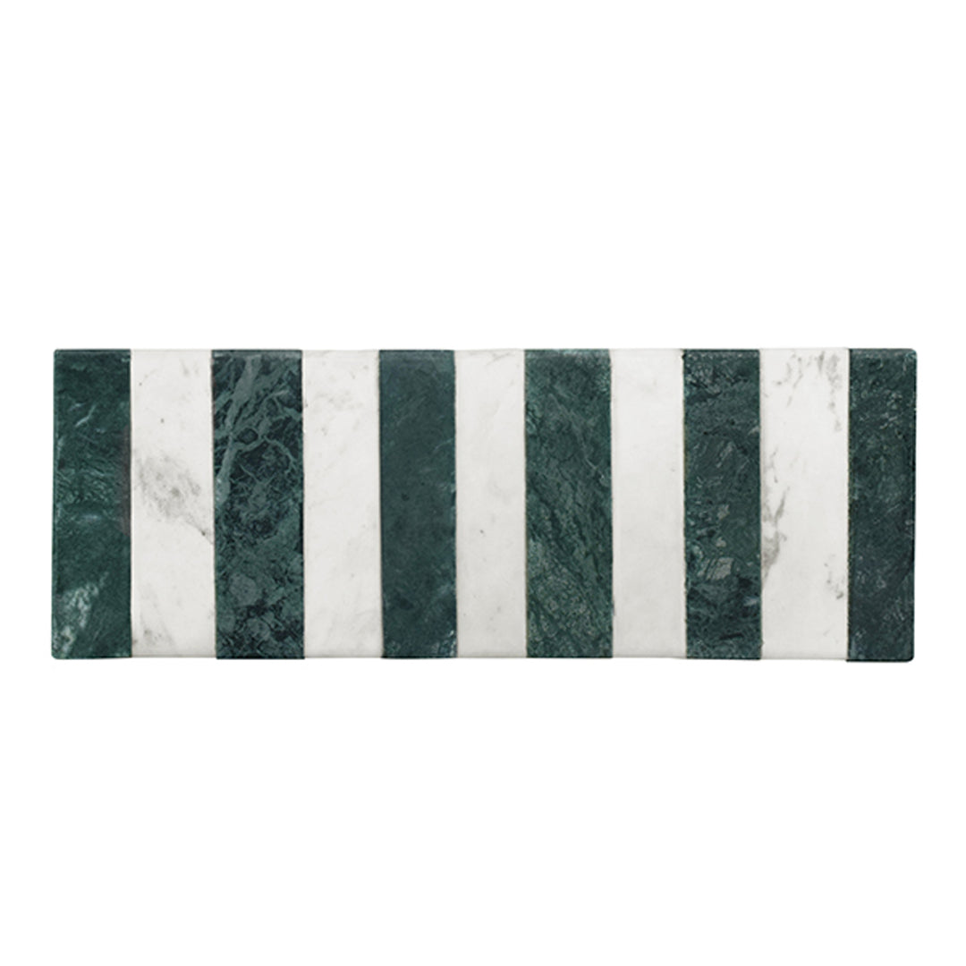 Green and white striped bench with wooden legs on a white background Decorative Tray Becky District Home