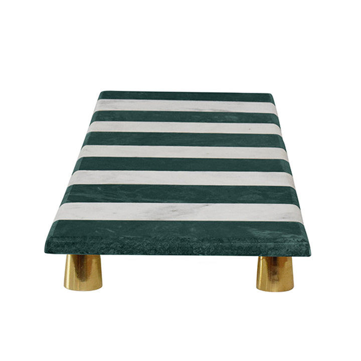 Green and white striped bench with wooden legs on a white background Decorative Tray Becky District Home