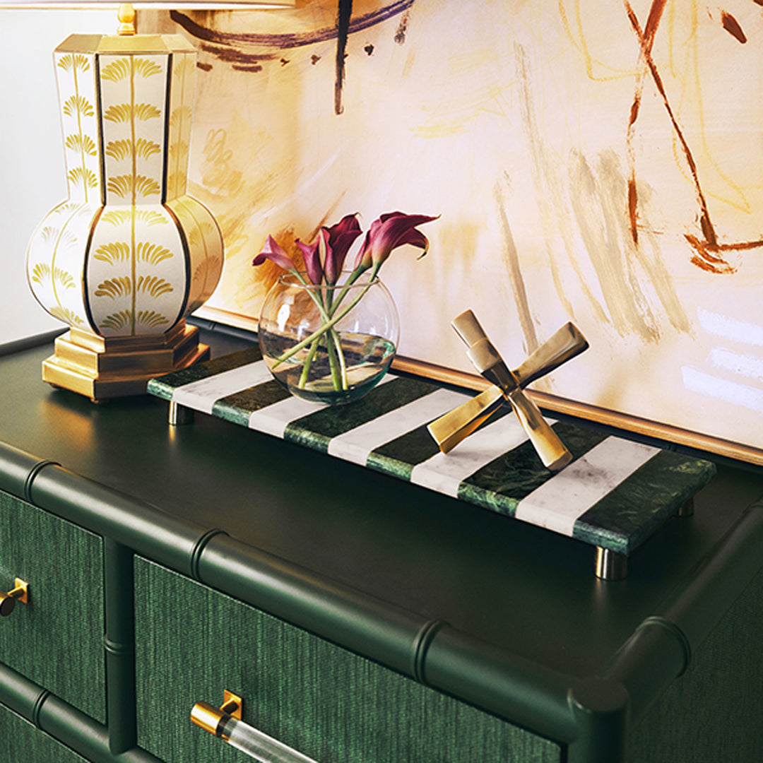 Green and white striped bench with wooden legs on a white background Decorative Tray Becky District Home