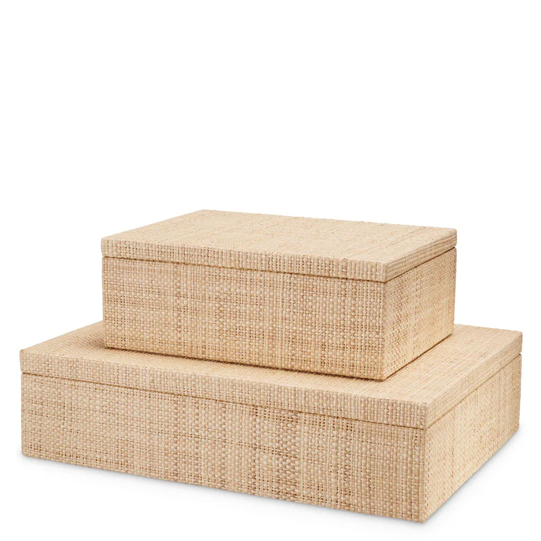 Beige woven storage box with a lid on a white background. Decorative Box Cady S by District Home
