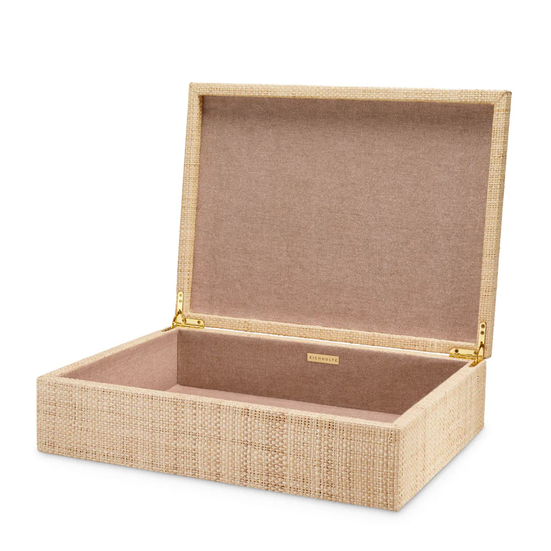 Beige woven storage box on a white background. Decorative Box Cady L by District Home