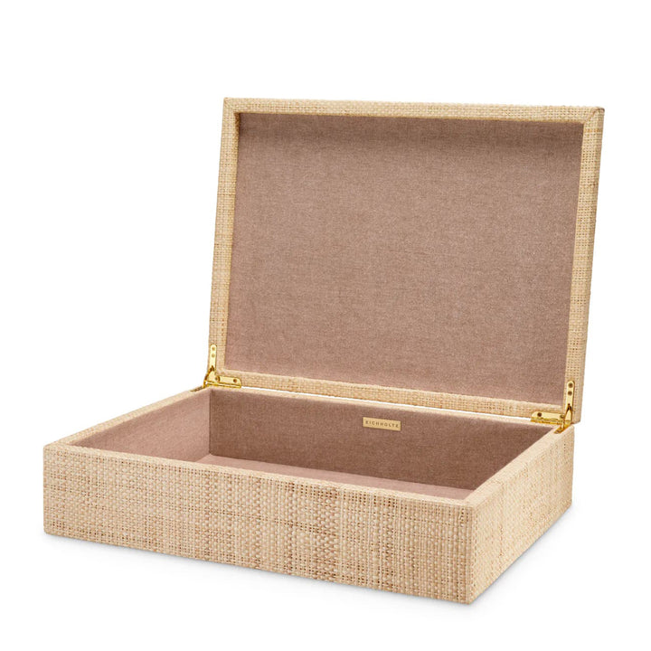 Beige woven storage box on a white background. Decorative Box Cady L by District Home