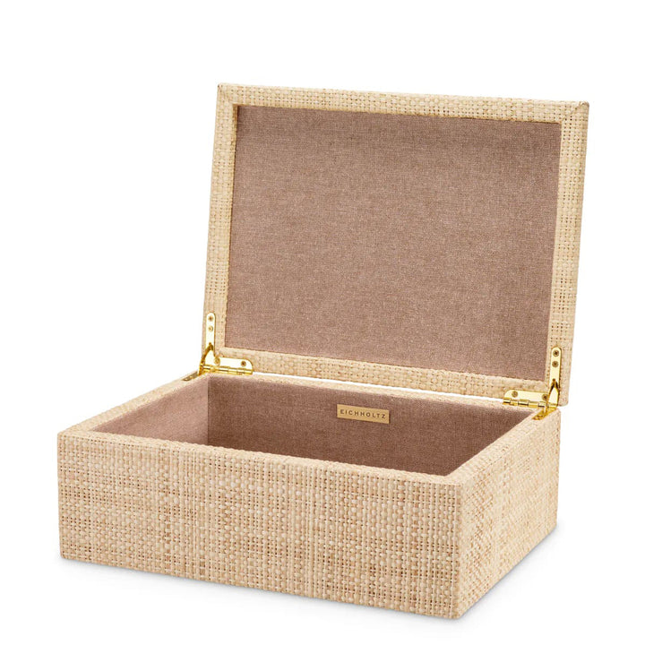 Beige woven storage box with a lid on a white background. Decorative Box Cady S by District Home
