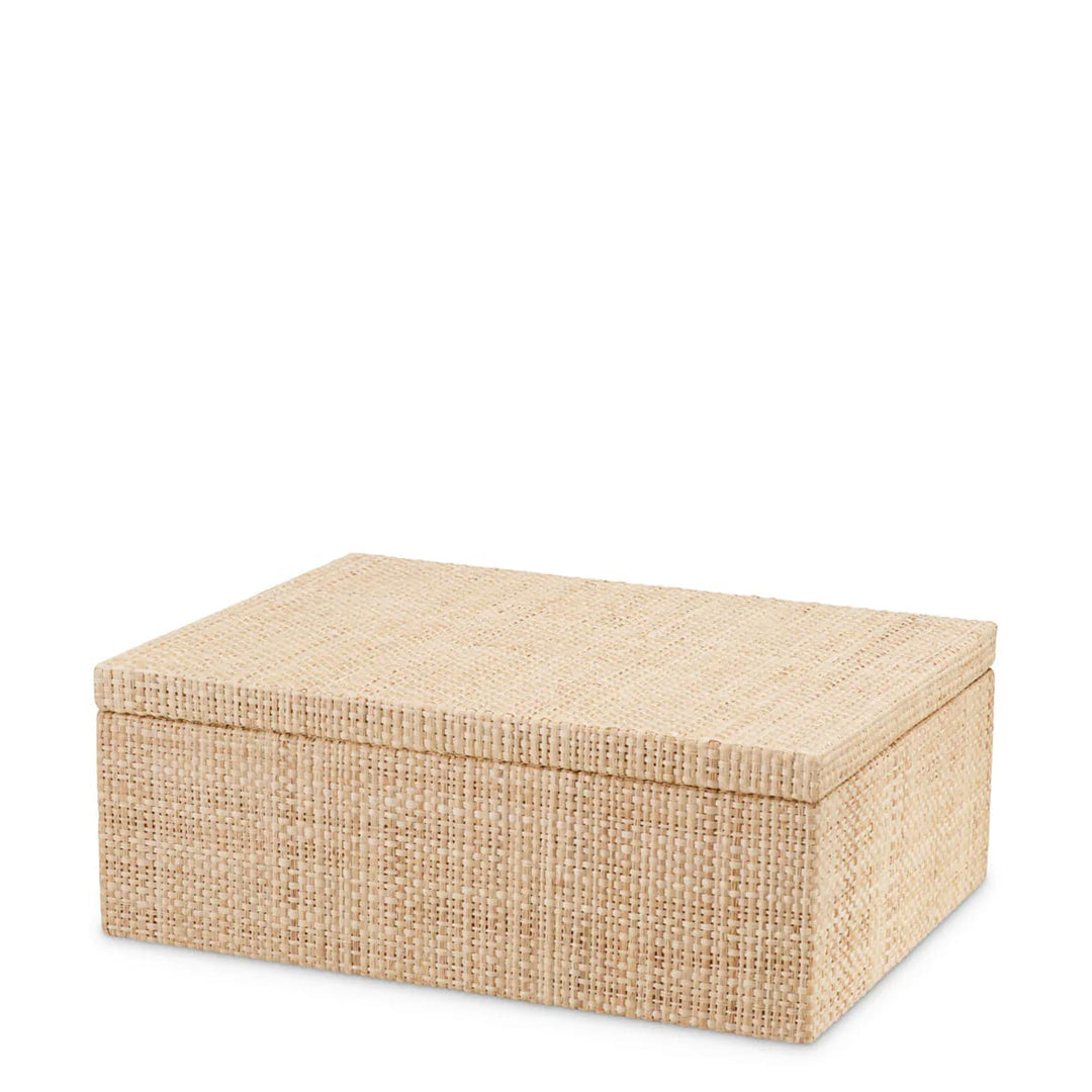 Beige woven storage box with a lid on a white background. Decorative Box Cady S by District Home