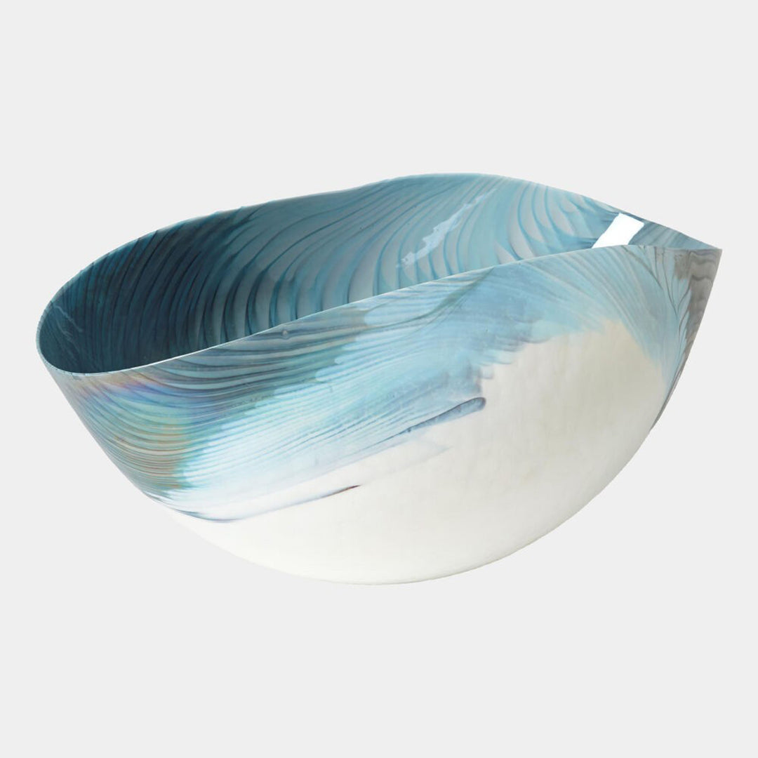 Decorative bowl with blue and white marbled pattern on a light gray background. Decorative Bowl Concha by District Home