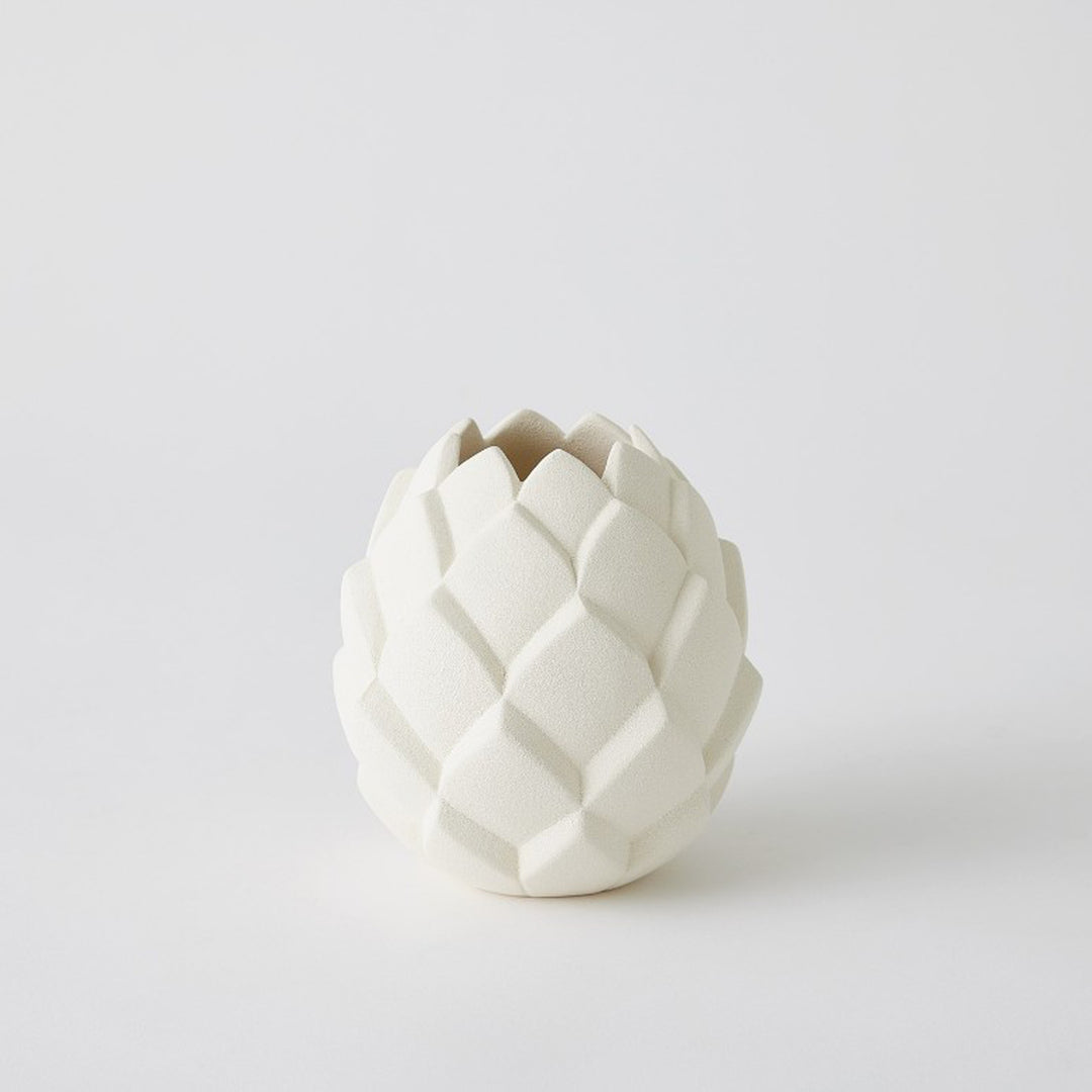 White woven ceramic vase on a light gray background. Cynara Vase S District Home