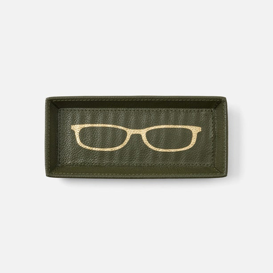 Green leather tray with gold glasses design on a white background District Home