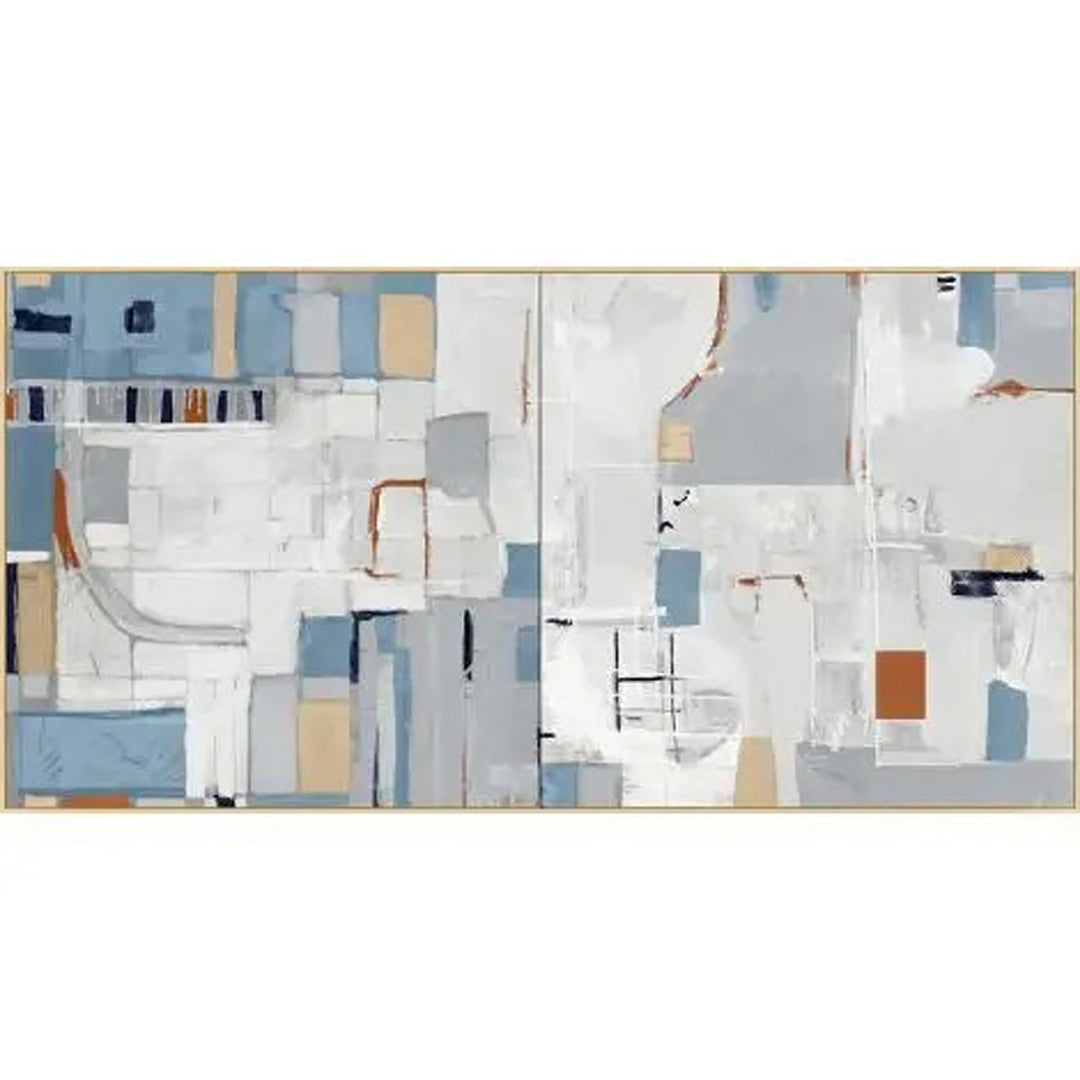 Abstract art piece with geometric shapes in blue, white, and beige on a white background District Home