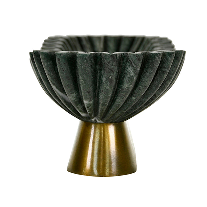 Decorative bowl with ribbed design on a brass base against a white background Decorative Bowl Draco District Home