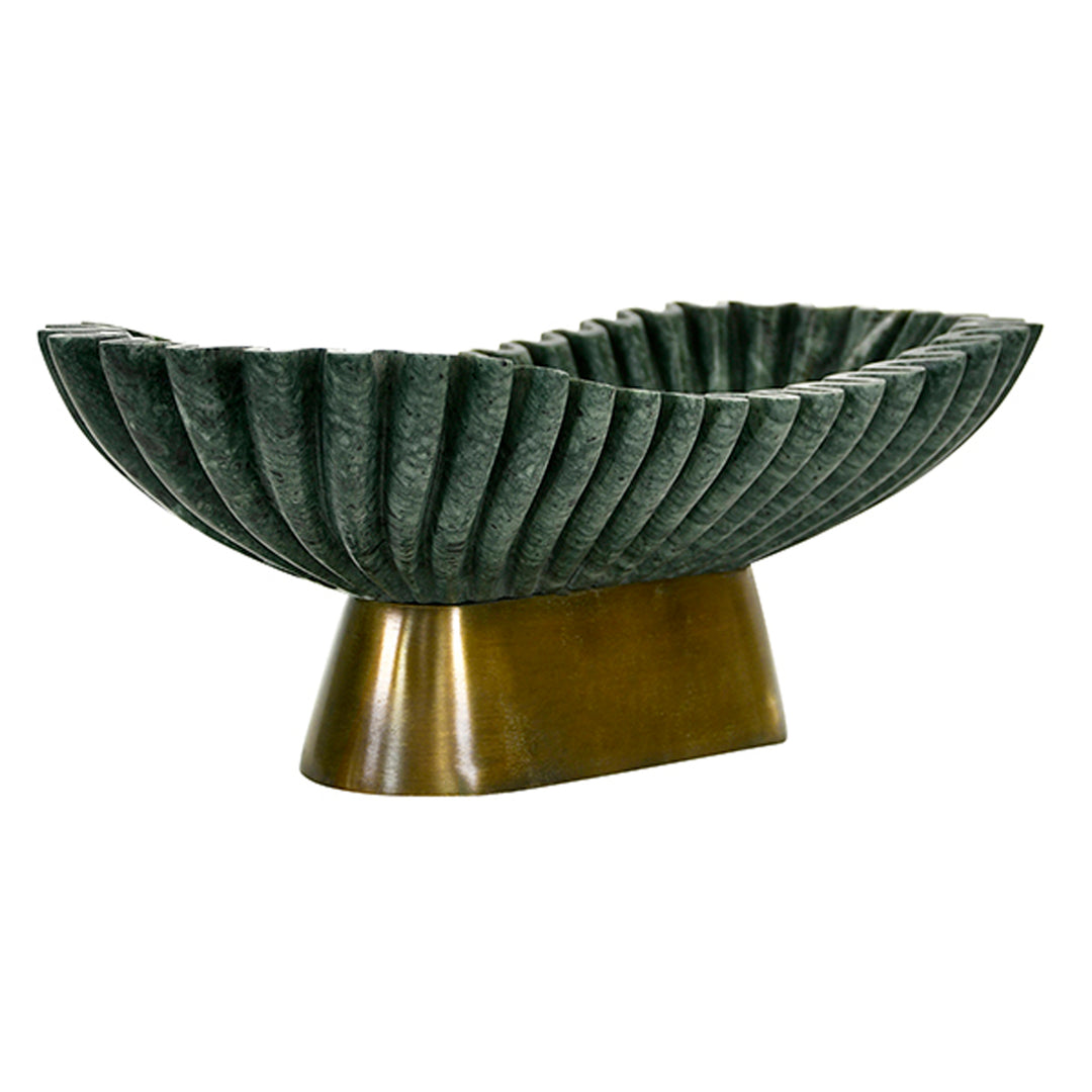 Decorative bowl with ribbed design on a brass base against a white background Decorative Bowl Draco District Home