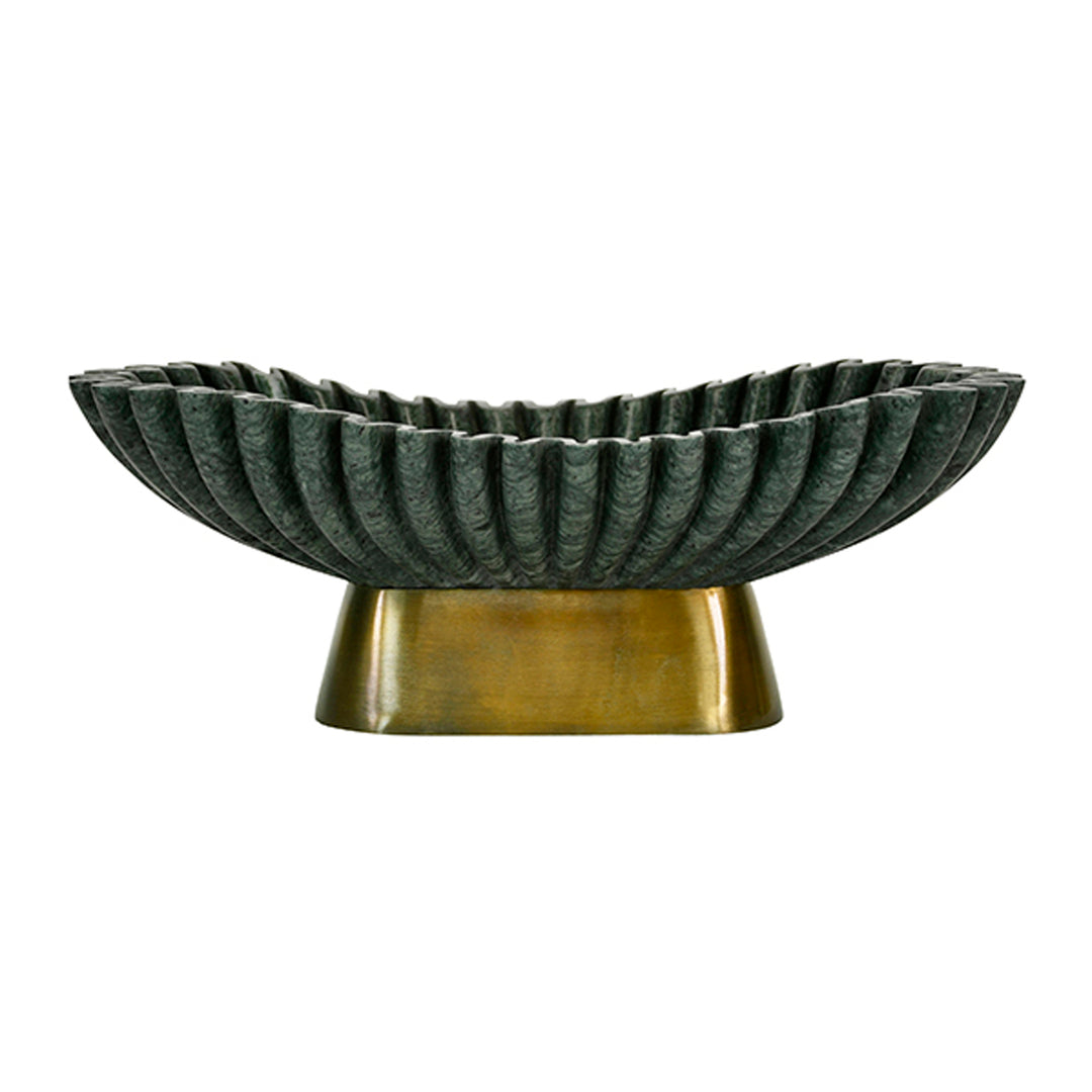 Decorative bowl with ribbed design on a brass base against a white background Decorative Bowl Draco District Home