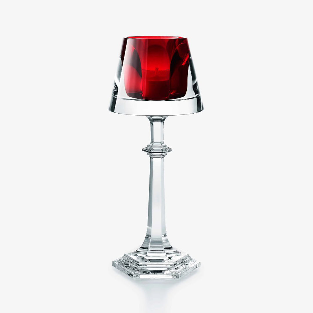 Crystal glass with red interior on a white background. Baccarat Harcourt My Fire Candlestick Red. District Home