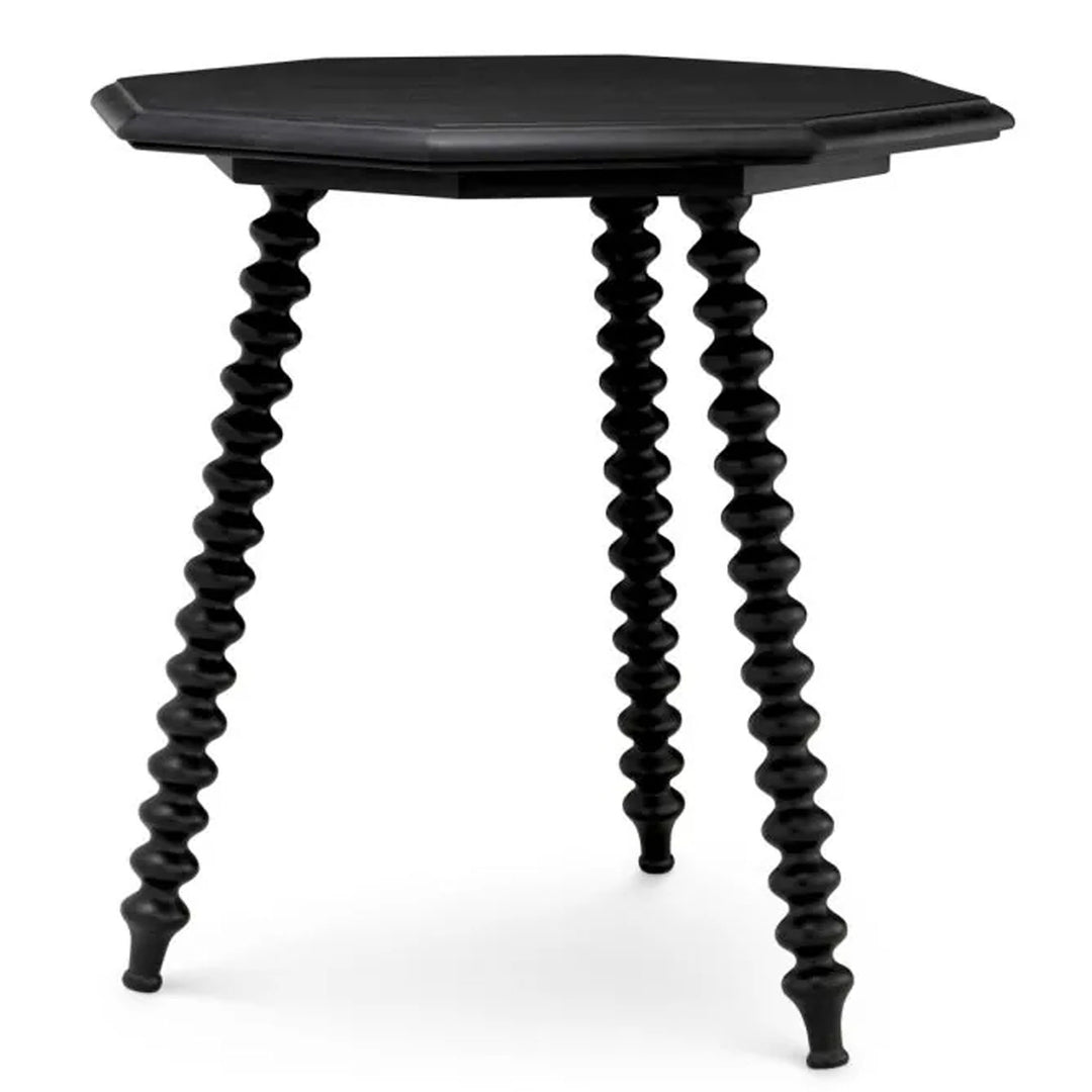 Black hexagonal side table with twisted legs on a white background. Side Table Lambrusco by District Home