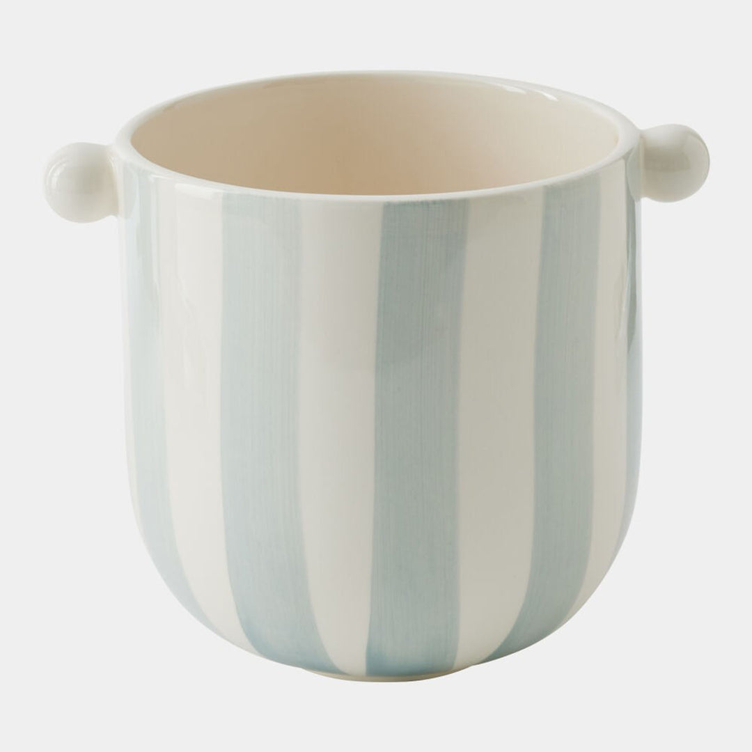Striped ceramic pot with handles on a light gray background. Linett Vase B by District Home