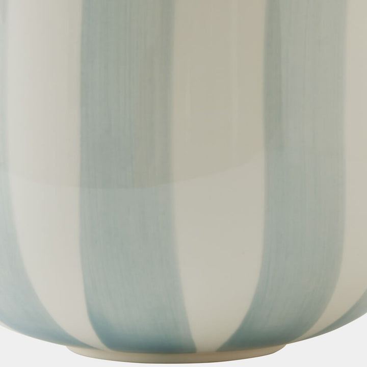 Striped ceramic pot with handles on a light gray background. Linett Vase B by District Home