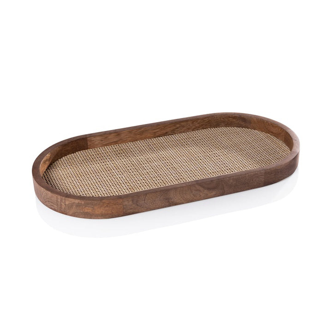Wooden tray with woven design on a white background Oval Tray Manny L District Home