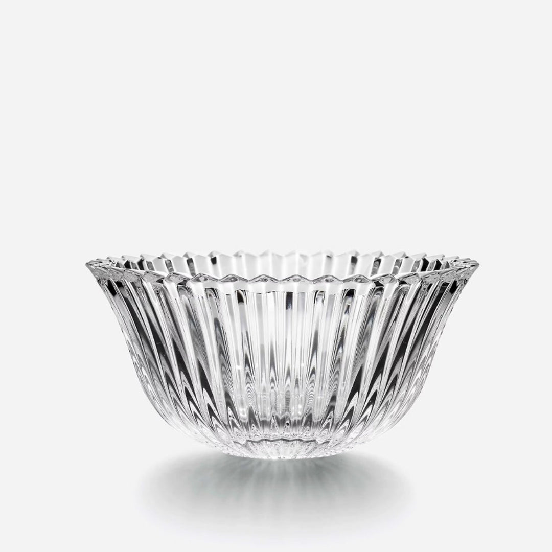 Clear glass bowl with fluted design on a white background Baccarat Mille Nuits Small Bowl District Home