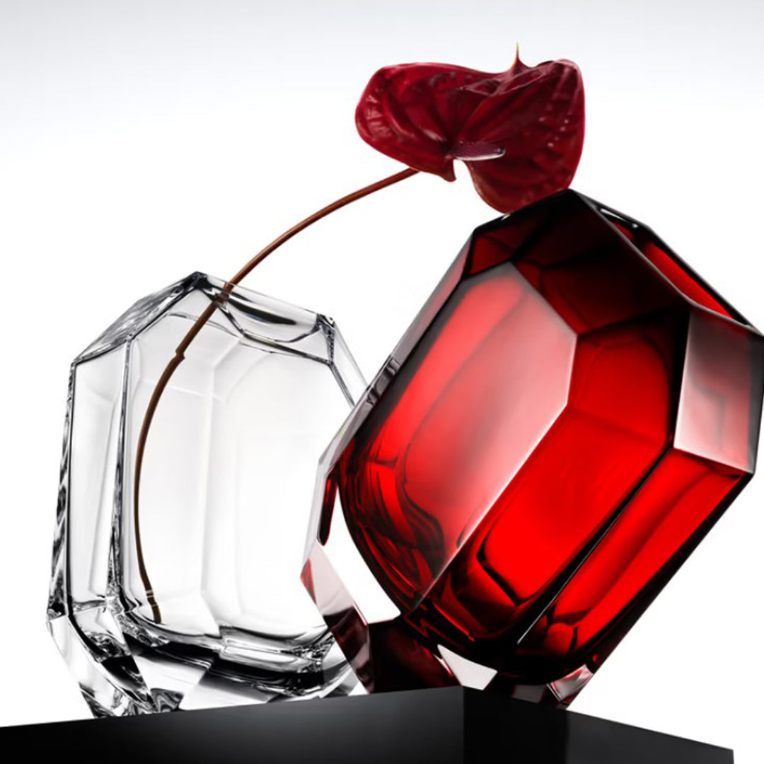 Two geometrically shaped vases, one red and one clear, with a red flower on a white background. Baccarat Octogone Vase District Home 