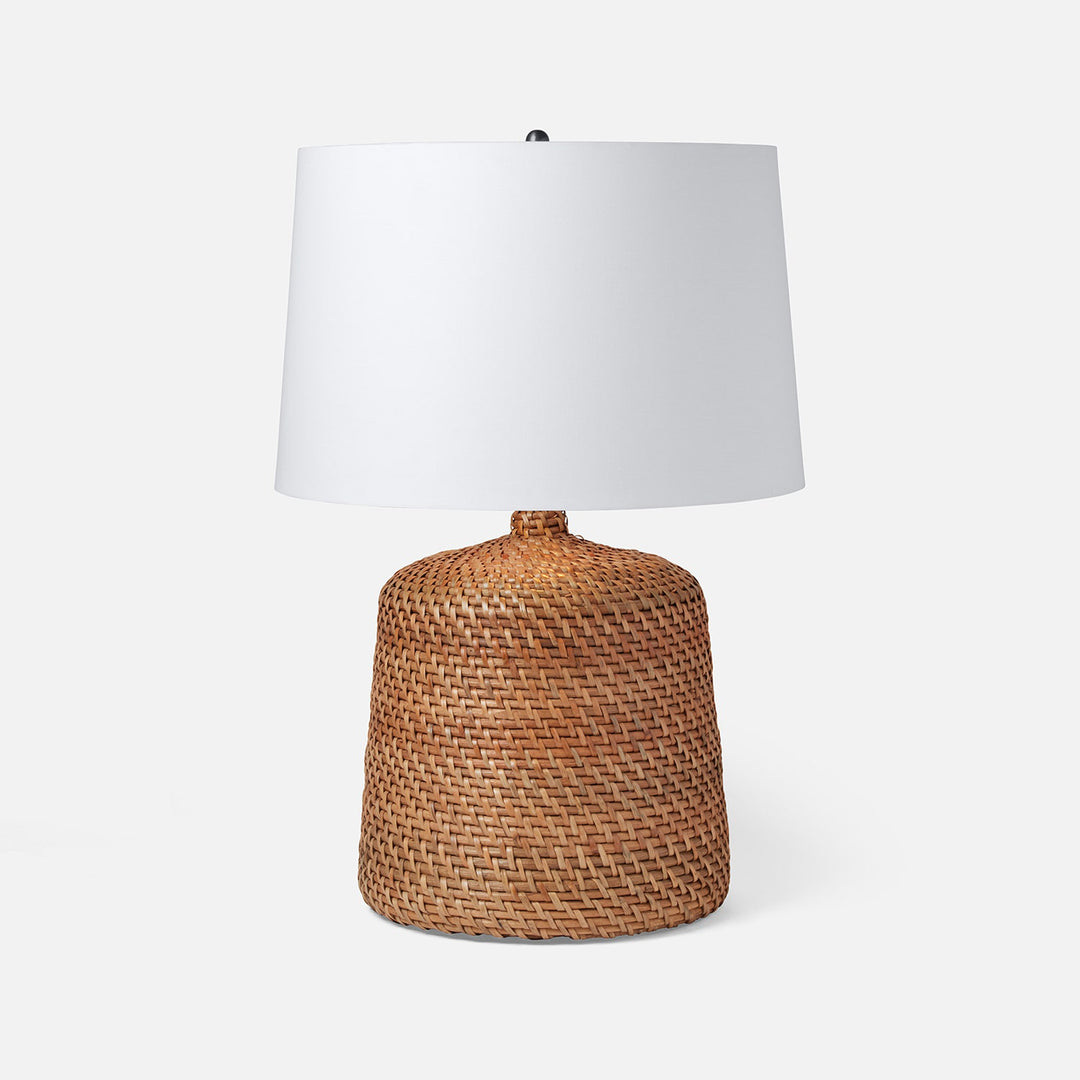 Table lamp with wicker base and white shade on a white background Table Lamp Radcliff District Home