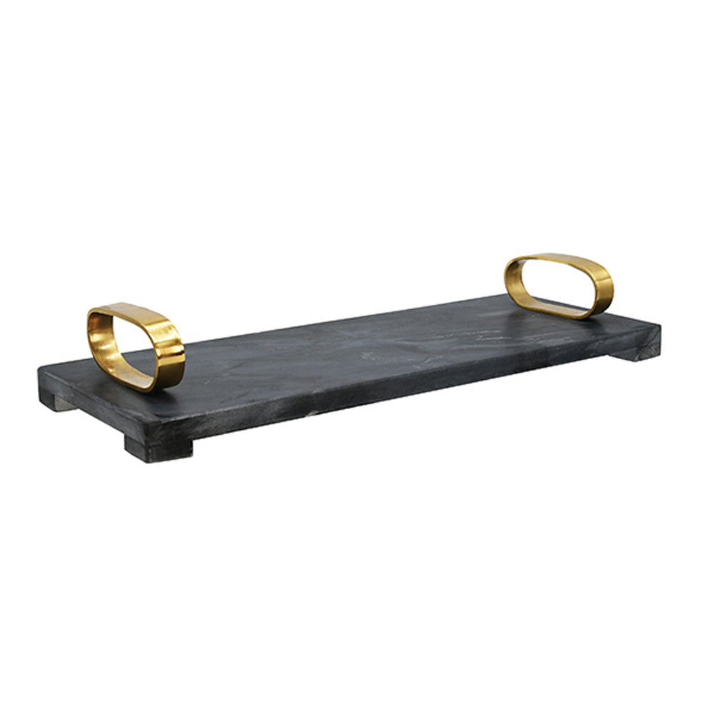 Black marble shelf with gold brackets on a white background Decorative Tray Trace by District Home