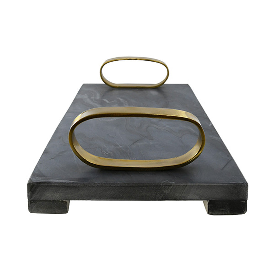 Black marble shelf with gold brackets on a white background Decorative Tray Trace by District Home