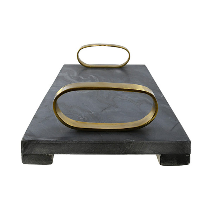 Black marble shelf with gold brackets on a white background Decorative Tray Trace by District Home