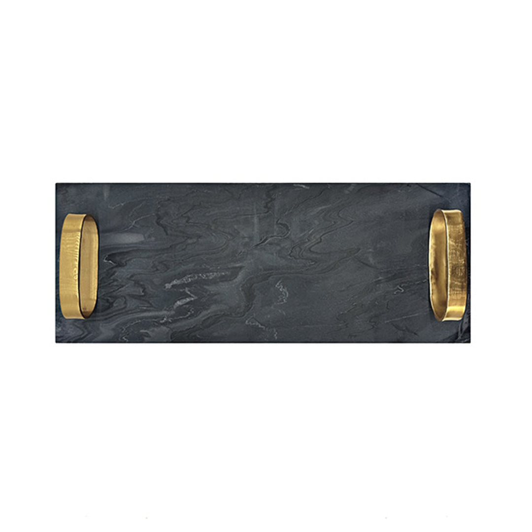 Black marble shelf with gold brackets on a white background Decorative Tray Trace by District Home