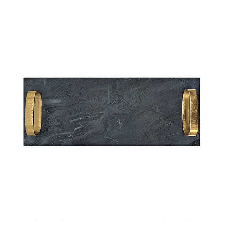 Black marble shelf with gold brackets on a white background Decorative Tray Trace by District Home