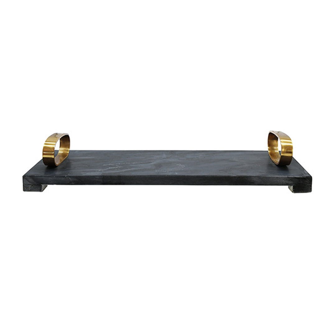 Black marble shelf with gold brackets on a white background Decorative Tray Trace by District Home