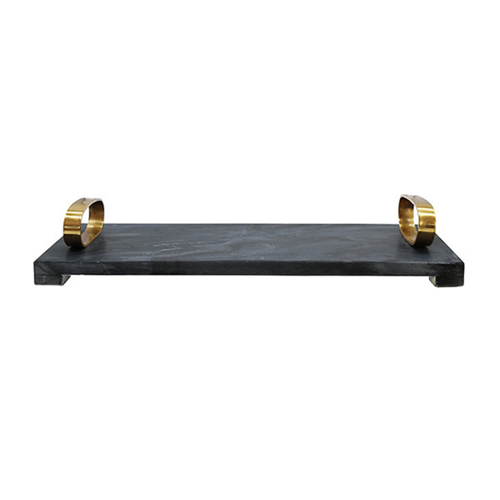 Black marble shelf with gold brackets on a white background Decorative Tray Trace by District Home
