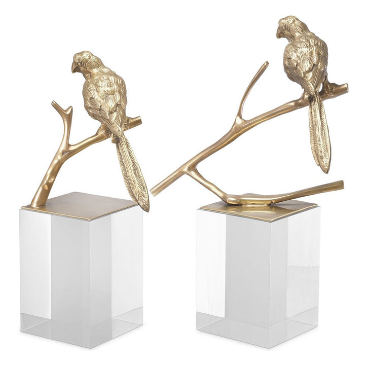 Two gold parrot sculptures on branches with clear bases on a white background. Decorative Sculpture Tweet by District Home
