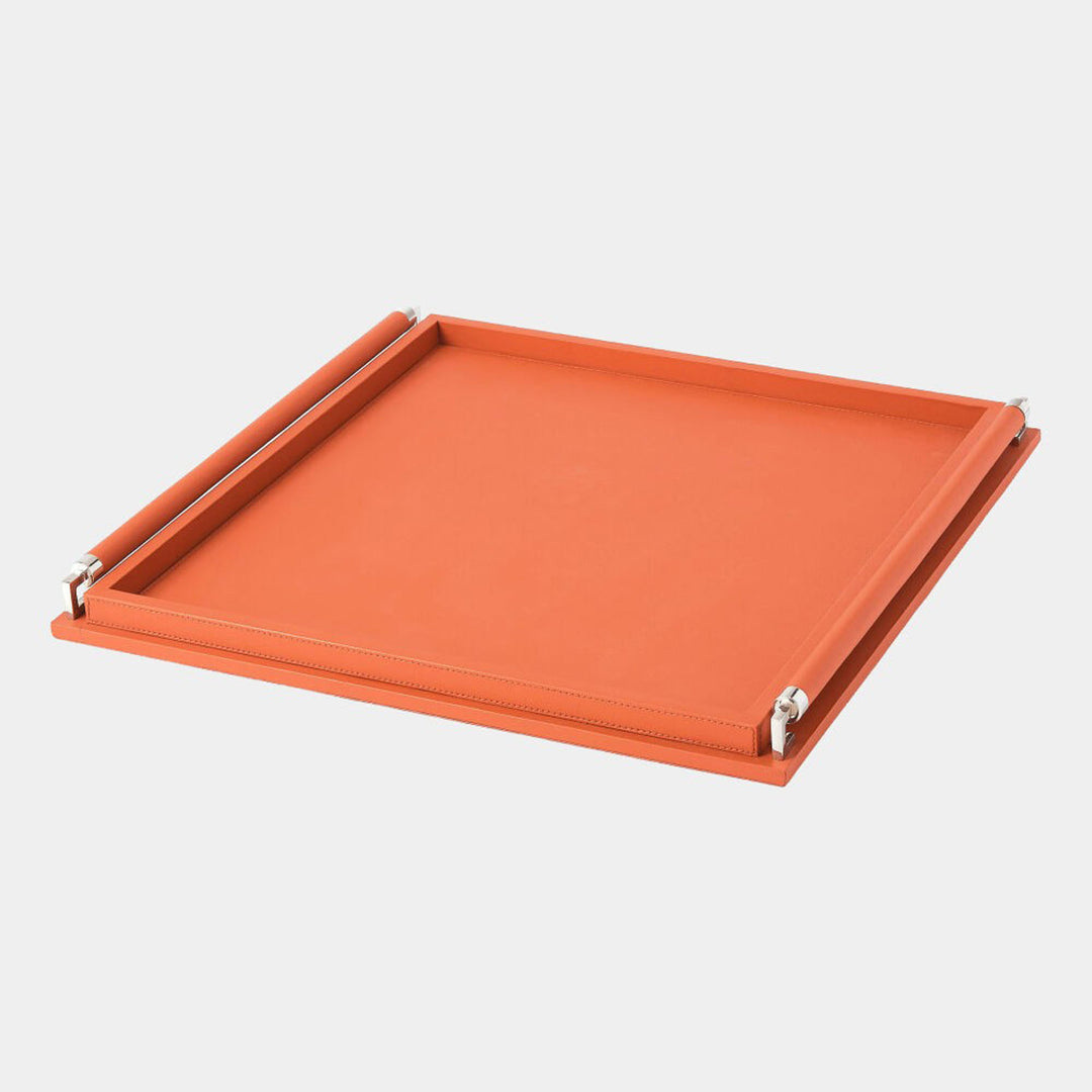 Orange tray with metal handles on a white background. Vermeil Tray L By District Home