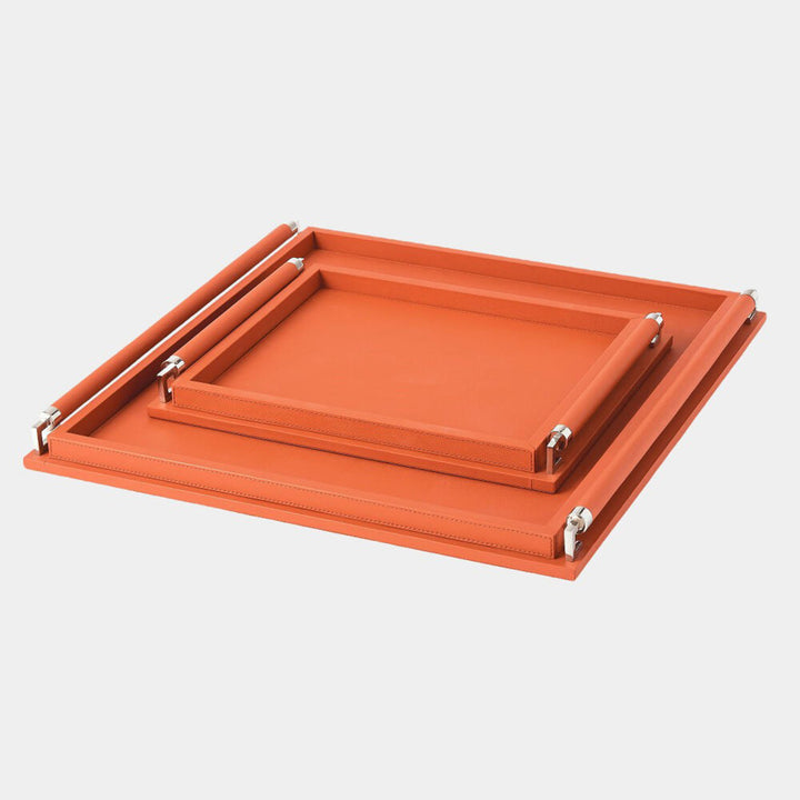 Orange tray with metal handles on a white background. Vermeil Tray L By District Home