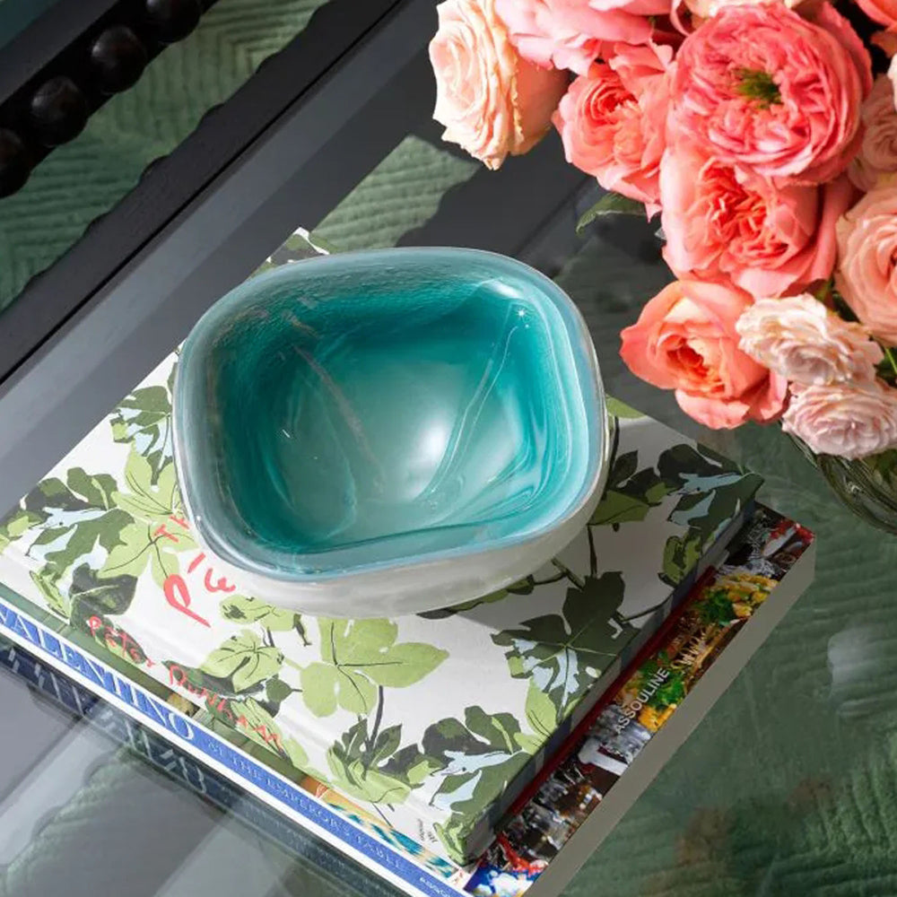 Teal and white ceramic bowl on a white background. Decorative Bowl Hammond By District Home