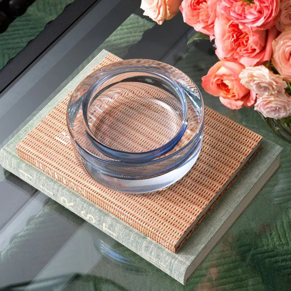 Clear glass bowl with blue tint on a white background. Decorative Bowl Miamor by District Home